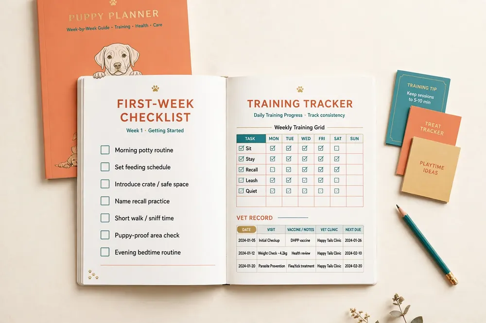 Puppy planner opened to a first-week checklist and training tracker spread