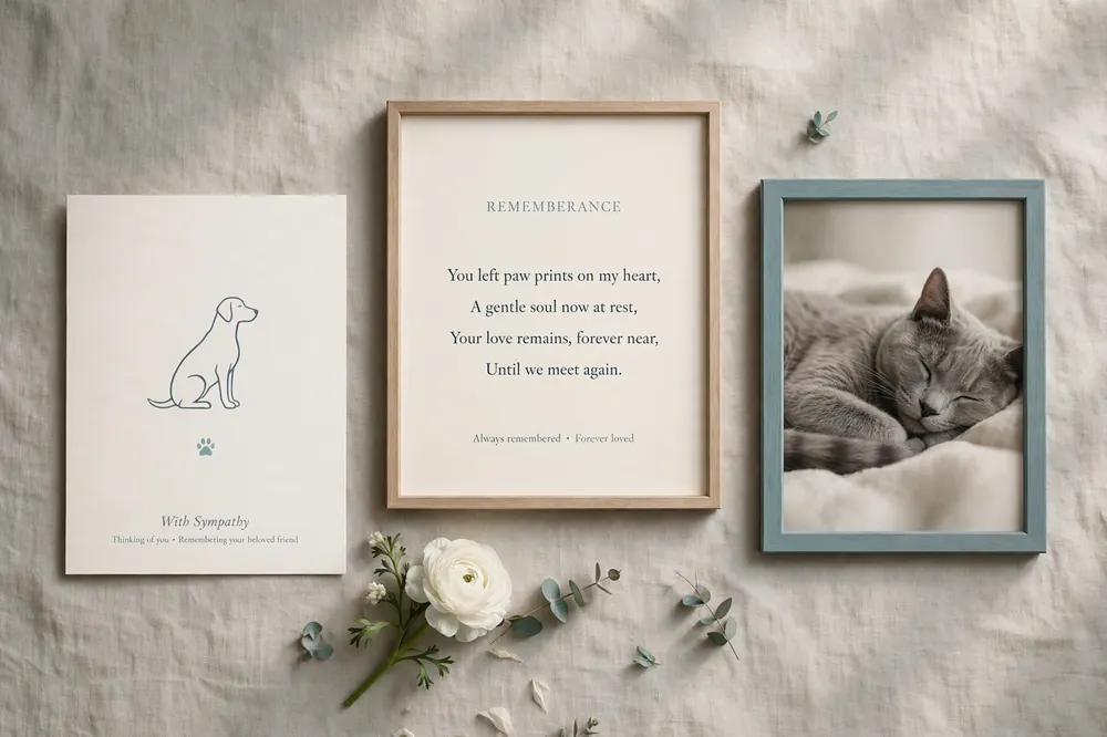 Memorial printable set: sympathy card, remembrance poem print, and framed sleeping cat photo