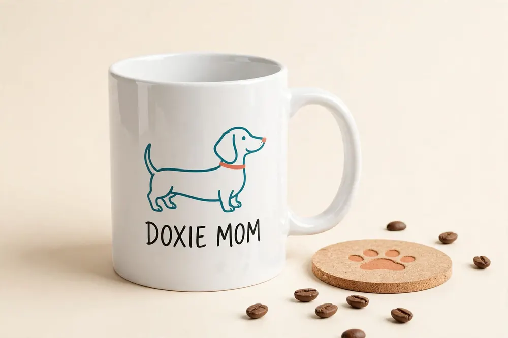 White mug with a dachshund illustration and the words Doxie Mom