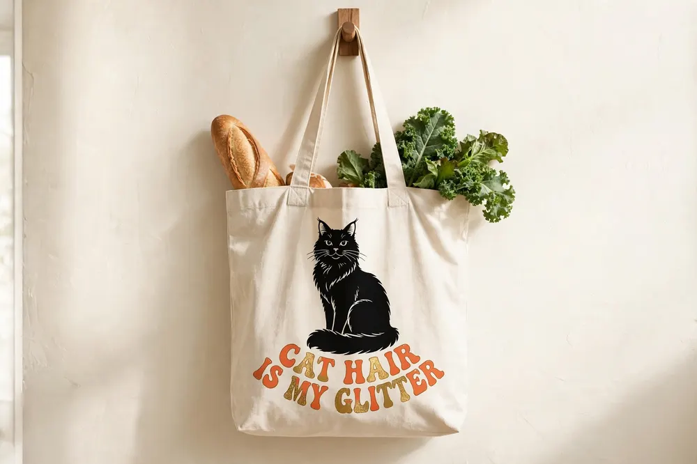 Canvas tote with a Maine Coon silhouette and the slogan Cat Hair Is My Glitter